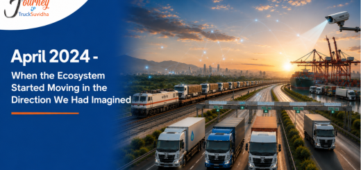 April 2024 TruckSuvidha Journey showing Indian Tata trucks, Dedicated Freight Corridor Truck-on-Train, FASTag toll plaza, ANPR camera, digital logistics network, and smart transportation ecosystem.
