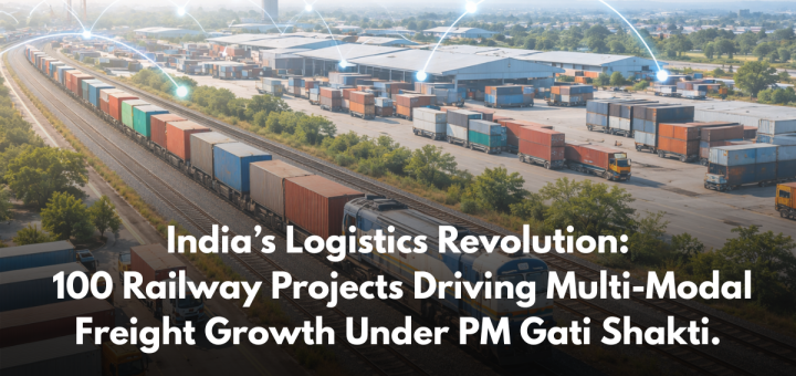 Indian Railways cargo train in industrial logistics corridor with trucks and warehouses representing India logistics transformation and railway expansion