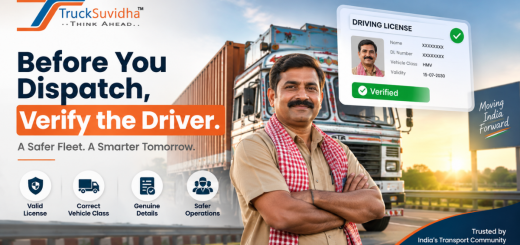 TruckSuvidha driver verification banner showing an Indian truck driver, heavy commercial truck, and verified driving license with vehicle class and validity details
