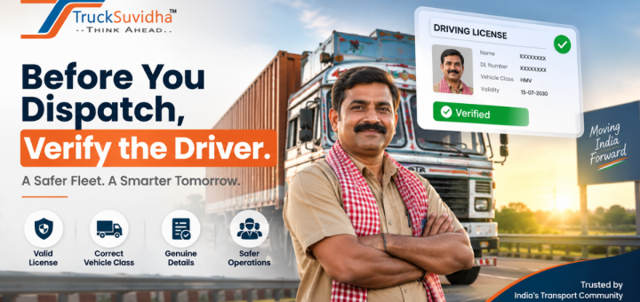 TruckSuvidha driver verification banner showing an Indian truck driver, heavy commercial truck, and verified driving license with vehicle class and validity details
