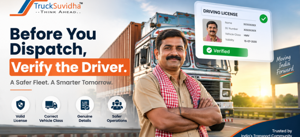 TruckSuvidha driver verification banner showing an Indian truck driver, heavy commercial truck, and verified driving license with vehicle class and validity details