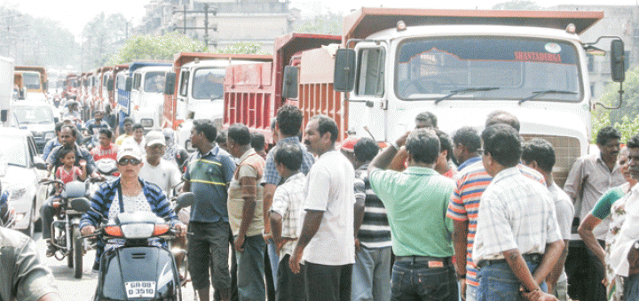 Truckers from South Goa's mining belt gathered outside the gates of Sesa Goa's (Vedanta) Codli mines on Monday morning