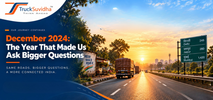 TruckSuvidha December 2024 journey banner showing an Indian highway, trucks, roadside landscape and connected transportation vision