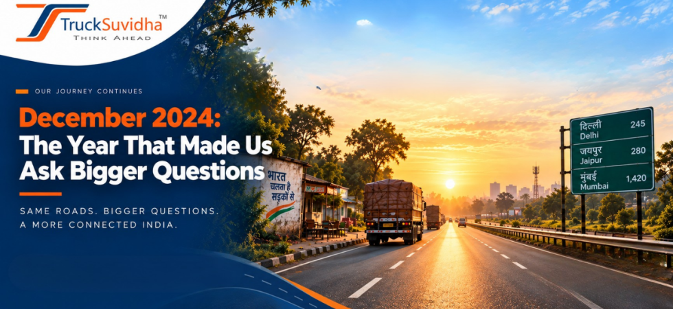 TruckSuvidha December 2024 journey banner showing an Indian highway, trucks, roadside landscape and connected transportation vision