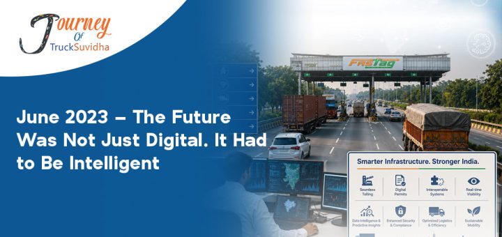 TruckSuvidha June 2023 journey graphic showing FASTag highway, intelligent logistics systems, digital infrastructure, smart transportation, and future-ready mobility technology in India.
