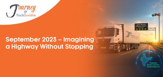 TruckSuvidha truck traveling on a smart highway showcasing ANPR technology, FASTag integration, and the vision of seamless toll-free transportation in India.