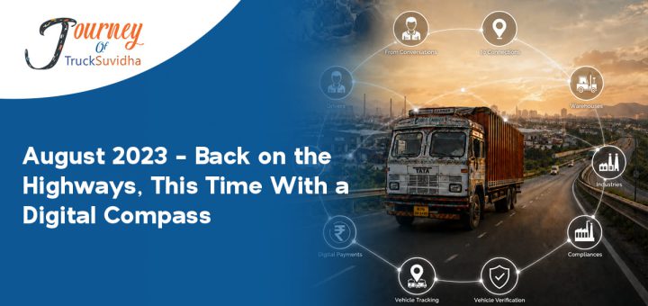 Indian truck on highway with digital logistics network showing vehicle verification, tracking, compliance, warehouses, and transportation technology.