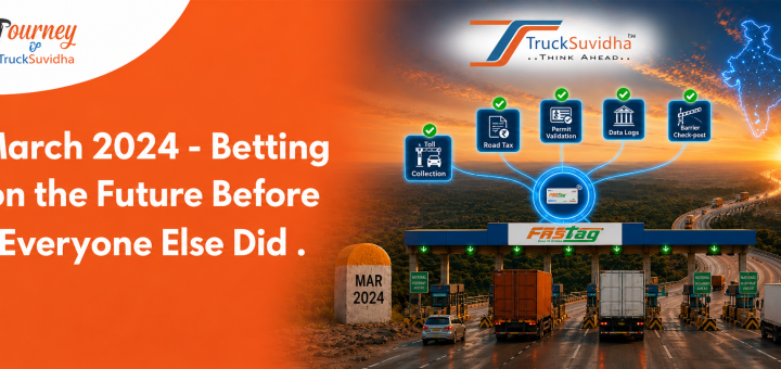 TruckSuvidha FASTag toll plaza banner showcasing smart toll collection, road tax, permit verification, state levies, and border check-post automation launched in March 2024.