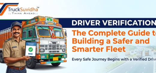 A banner image for the TruckSuvidha blog, showing a verified Indian truck driver holding a tablet with a green checkmark,