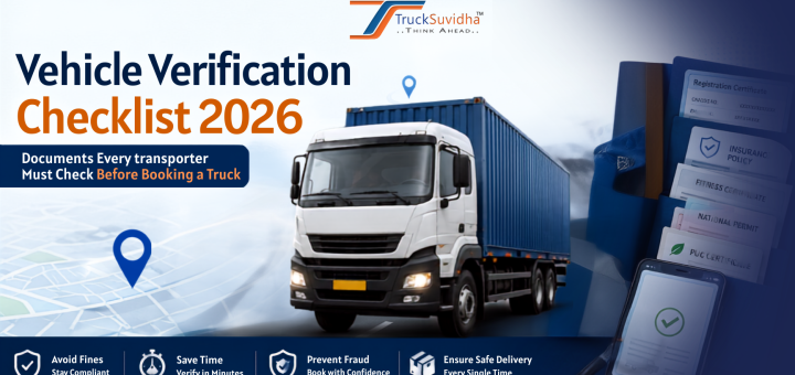 Vehicle verification checklist 2026 showing a truck, registration, insurance, fitness, permit and PUC documents before booking.