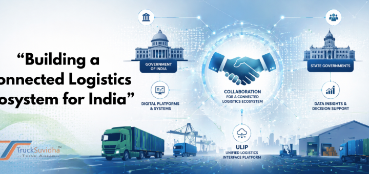 Illustration of connected logistics ecosystem in India showing ULIP integration, government collaboration, digital platforms, trucks, warehouses, and real-time data flow.