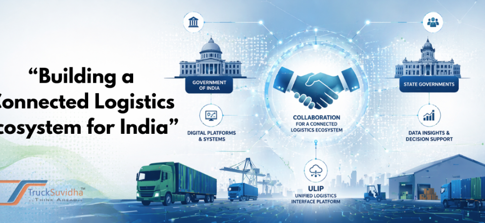 Illustration of connected logistics ecosystem in India showing ULIP integration, government collaboration, digital platforms, trucks, warehouses, and real-time data flow.