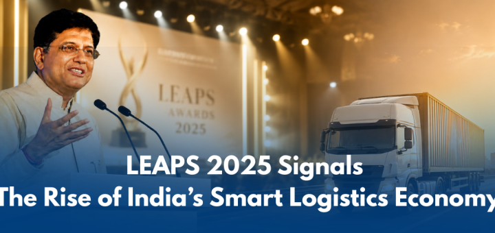 Shri Piyush Goyal speaking at the LEAPS 2025 Awards with a modern cargo truck and logistics-themed background representing India’s smart logistics transformation.