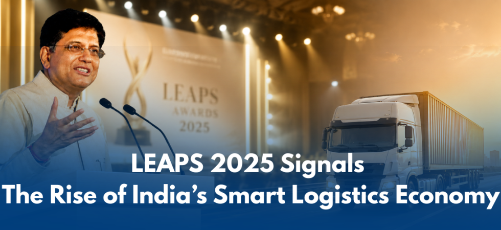 Shri Piyush Goyal speaking at the LEAPS 2025 Awards with a modern cargo truck and logistics-themed background representing India’s smart logistics transformation.