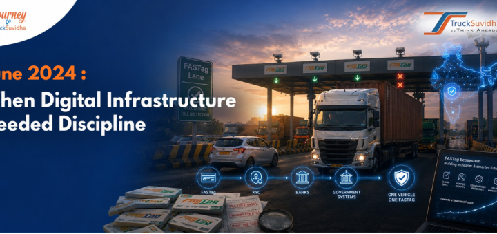 TruckSuvidha FASTag ecosystem banner showing a highway toll plaza, truck, digital India map, FASTag cards, and digital infrastructure concept.