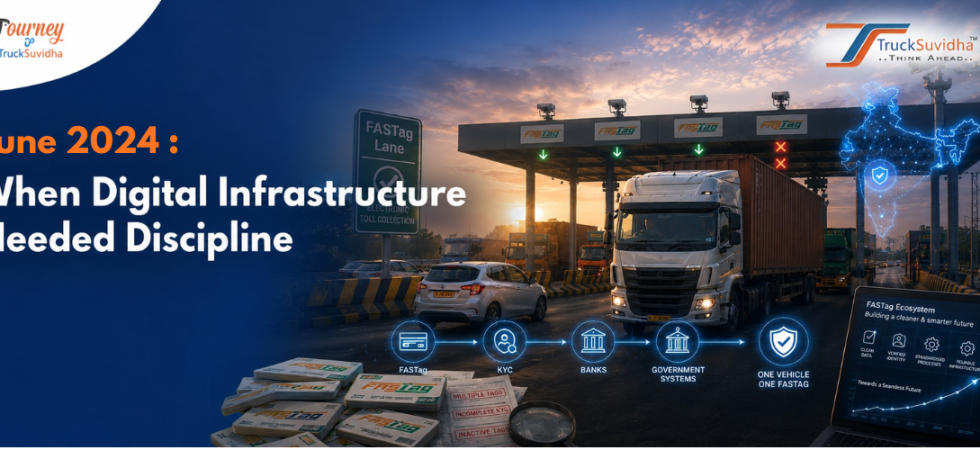 TruckSuvidha FASTag ecosystem banner showing a highway toll plaza, truck, digital India map, FASTag cards, and digital infrastructure concept.