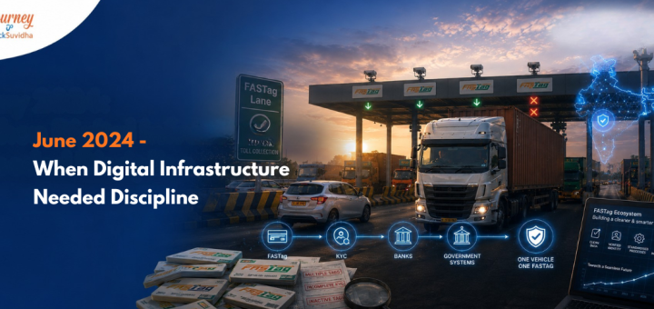 Indian truck passing through a FASTag toll plaza with ANPR, KYC, banking and government system connectivity representing One Vehicle One FASTag.