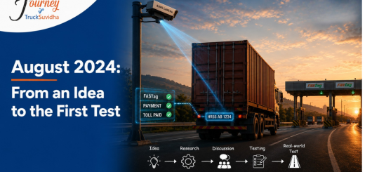 TruckSuvidha August 2024 journey showing ANPR camera, FASTag tolling, vehicle identification, and the first real-world technology test. Caption