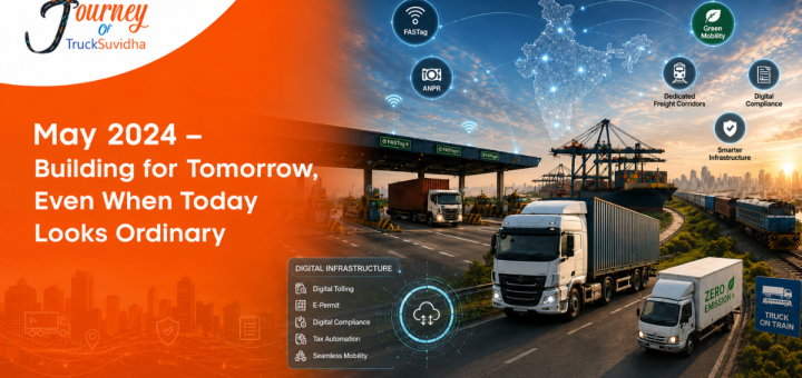 TruckSuvidha May 2024 journey showing Indian logistics transformation, FASTag, ANPR, digital infrastructure, freight corridors and green mobility Caption: