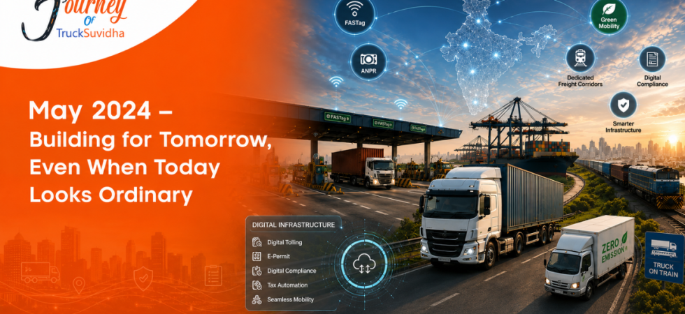 TruckSuvidha May 2024 journey showing Indian logistics transformation, FASTag, ANPR, digital infrastructure, freight corridors and green mobility Caption: