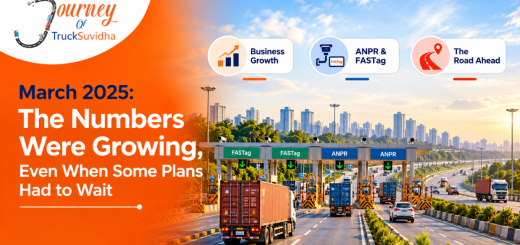 TruckSuvidha Journey March 2025 banner highlighting business growth, ANPR and FASTag technology, and future logistics plans.