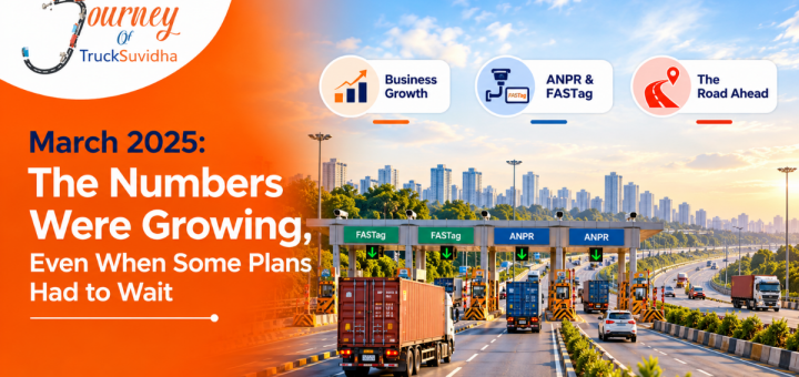 TruckSuvidha Journey March 2025 banner highlighting business growth, ANPR and FASTag technology, and future logistics plans.