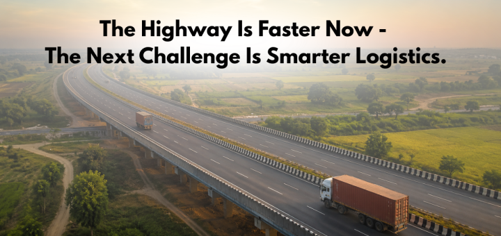 Container trucks moving on the Ganga Expressway representing faster freight movement and smarter logistics growth in India