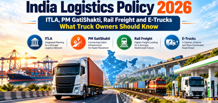 India Logistics Policy 2026 banner featuring a freight truck, cargo port, railway freight train, electric truck charging station, and connected India map highlighting ITLA, PM GatiShakti, rail freight, and e-trucks.