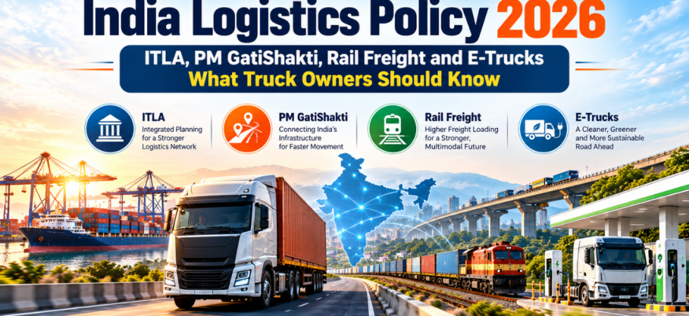 India Logistics Policy 2026 banner featuring a freight truck, cargo port, railway freight train, electric truck charging station, and connected India map highlighting ITLA, PM GatiShakti, rail freight, and e-trucks.