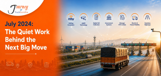 TruckSuvidha July 2024 banner showing digital toll collection, FASTag, ANPR technology, smart highways, and freight transportation.