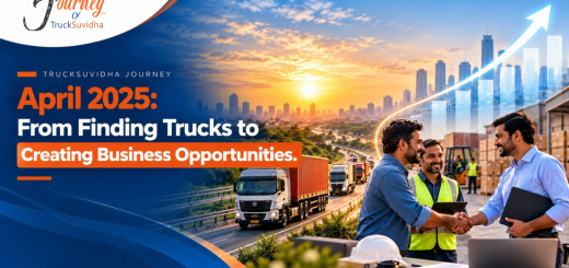 TruckSuvidha April 2025 journey banner showing trucks, logistics professionals collaborating, and business growth opportunities.