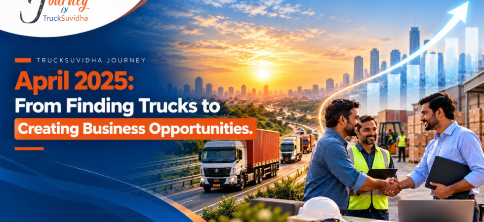 TruckSuvidha April 2025 journey banner showing trucks, logistics professionals collaborating, and business growth opportunities.