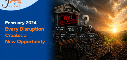 Illustration of the FASTag Transition 2024 showing market disruption, RBI restrictions, and a new opportunity symbolizing TruckSuvidha's journey through industry change and digital transformation.