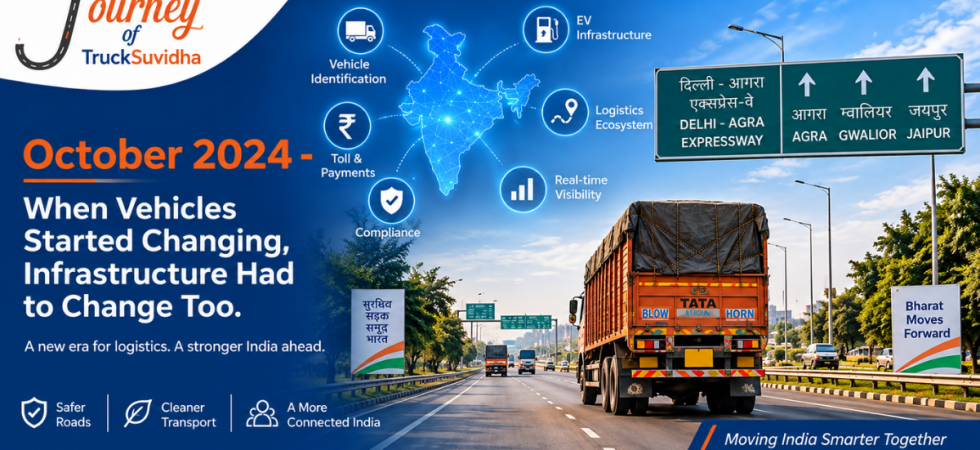 TruckSuvidha logistics journey graphic featuring an Indian highway with a commercial truck, India map, and icons representing vehicle identification, toll payments, compliance, EV infrastructure, logistics connectivity, and real-time visibility.