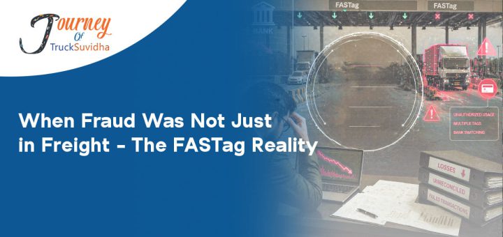“FASTag toll plaza with digital overlays showing fraud risks, multiple tag misuse, bank switching, and financial loss in India logistics system.”