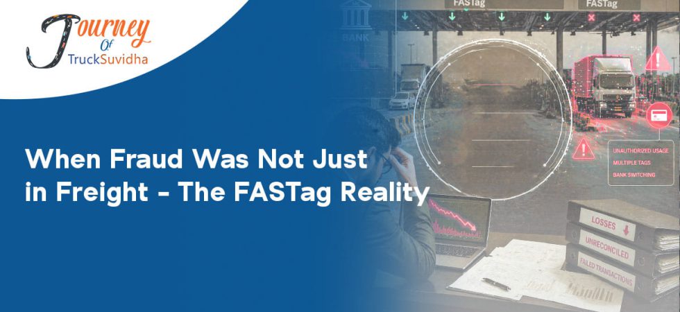 “FASTag toll plaza with digital overlays showing fraud risks, multiple tag misuse, bank switching, and financial loss in India logistics system.”
