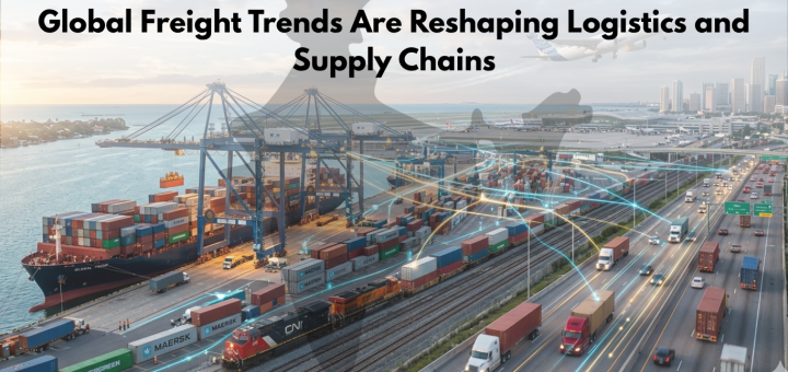 Digital freight and multimodal transportation system with shipping containers, rail, and highway trucks illustrating modern supply chain connectivity.