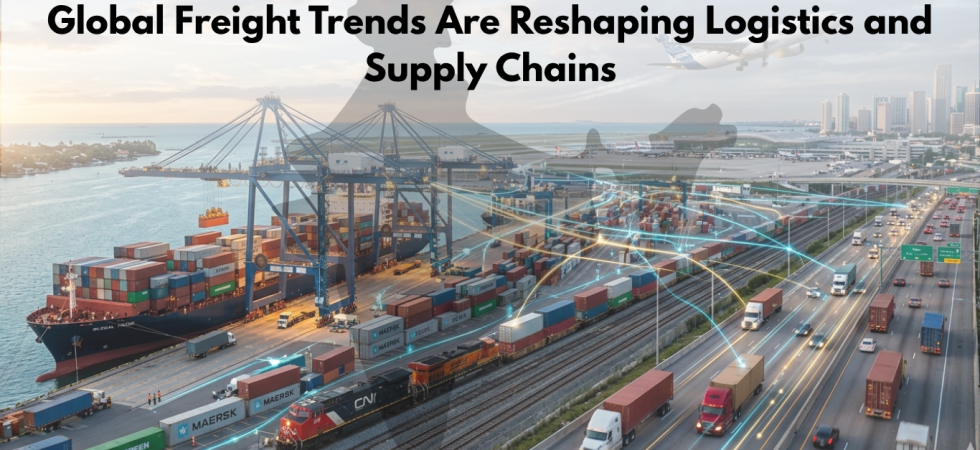 Digital freight and multimodal transportation system with shipping containers, rail, and highway trucks illustrating modern supply chain connectivity.