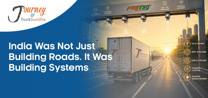 A futuristic Indian highway showing a TruckSuvidha truck moving freely under a digital FASTag gantry without toll barriers during sunrise, representing seamless logistics, smart infrastructure, and intelligent transportation systems in India.