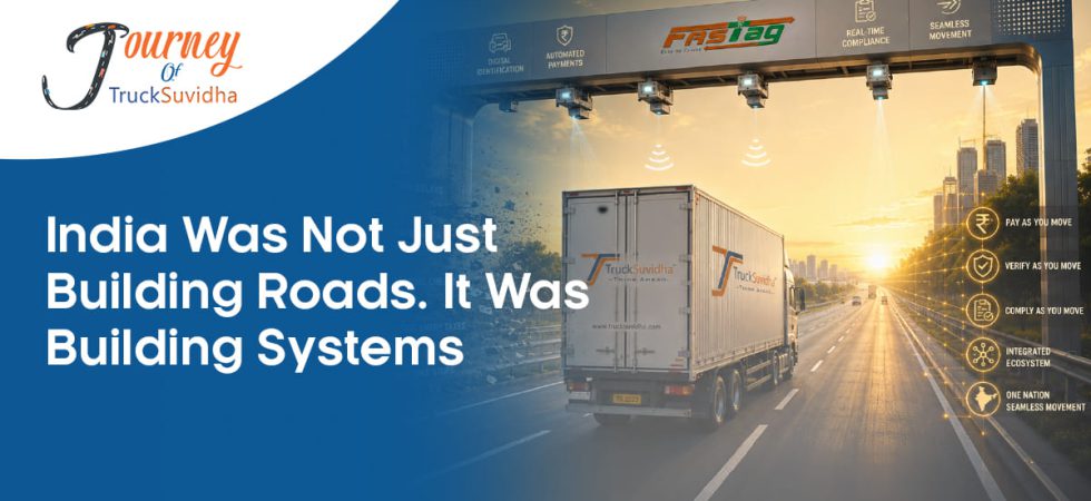 A futuristic Indian highway showing a TruckSuvidha truck moving freely under a digital FASTag gantry without toll barriers during sunrise, representing seamless logistics, smart infrastructure, and intelligent transportation systems in India.