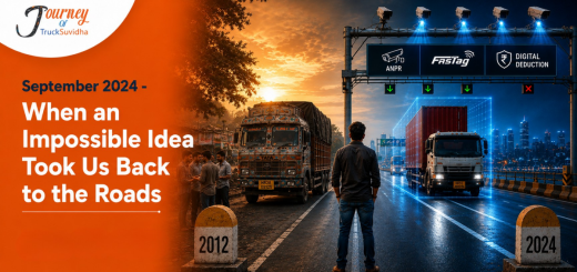 TruckSuvidha journey from 2012 to 2024 showing a truck on Indian roads, ANPR cameras, FASTag, and digital deduction technology.