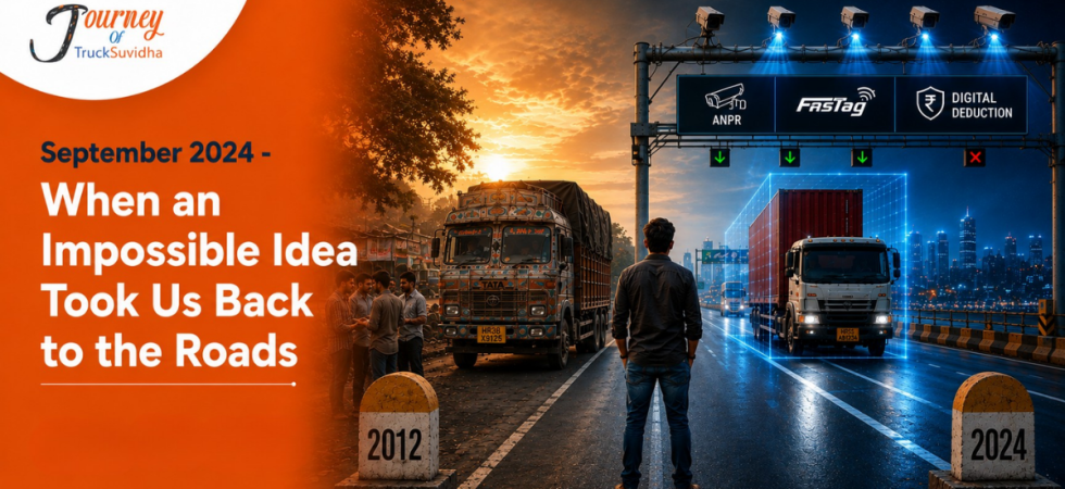 TruckSuvidha journey from 2012 to 2024 showing a truck on Indian roads, ANPR cameras, FASTag, and digital deduction technology.